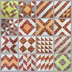 many different quilts are arranged in squares and rectangles, each with an individual's own design