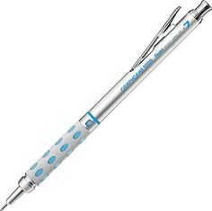 a pen that is sitting on top of a white surface with polka dot print and silver trim