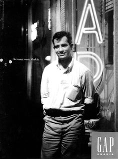 a man standing in front of a sign that says gap aid using a photo of jack kerouac by jerry yulisman