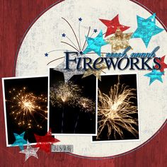 fireworks are shown in the center of a wooden plaque with three pictures on it and stars