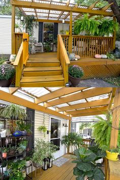 two pictures of the inside of a house with plants on the porch and in front