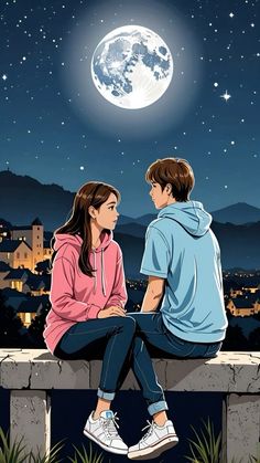 two people sitting on a ledge looking at the moon