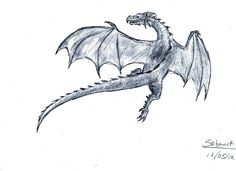 a drawing of a dragon with wings spread out