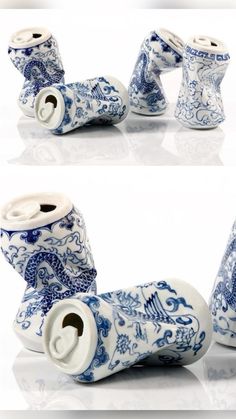 two pictures of blue and white vases with designs on them, one in the process of being made