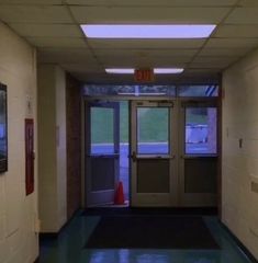 an empty hallway with two doors leading to another room and a red fire hydrant