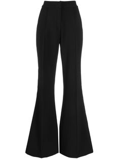 black silk high waist concealed front fastening flared Chic Tailored Wide Leg Pants For Party, Chic Black Flare Trousers, Elegant Wide Leg Flares, Elegant Tailored Flare Bottoms, Elegant Tailored Flare Pants, Elegant Fitted Bottoms With Flared Hem, High Waist Wide Leg Pants For Evening, Elegant Wide-leg Flares For Evening, Elegant Formal Wide Leg Flares