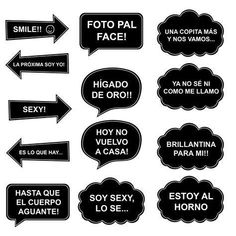 black and white speech bubbles with spanish words on them, all written in different languages