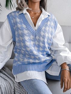 Blue Zone Planet |  V-neck thousand bird lattice loose knit vest sweater BLUE ZONE PLANET Waistcoat Woman, Houndstooth Sweater, Vest Sweater, Beige Pullover, Crop Pullover, Sleeveless Outfit, Loose Knit Sweaters, Sweater Vest Women, Loose Pullover