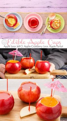 an apple cup with apples cut in half, and two cups filled with orange juice