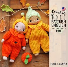 two knitted dolls sitting next to each other on a wooden surface with text overlay that reads crochet doll pattern english