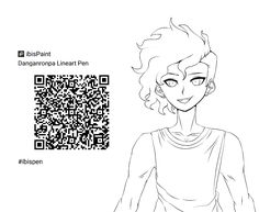 a girl with short hair is looking at the camera and has a qr code on her chest