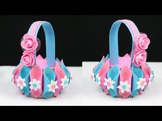 two pictures of a small purse with flowers on the front and side, one in pink and blue