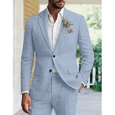 Category:Linen Suits; Embellishment:Pocket; Season:Spring, Fall, Winter, Summer; Fabric:Linen Blended; Front Closure:Single-Breasted Buttons; Includes:Pants,Jacket; Occasion:Wedding; Fit Type:Tailored Fit; Jacket Buttons:Single Breasted Two-buttons; Jacket Vents:Single (Center); Jacket Pockets:Straight Flapped; Pattern:Solid Colored; Listing Date:05/23/2024; Production mode:External procurement; Pant Length:null; Pants Waist:null; Shoulder Width:null; Sleeve Length:null; Bust:null; Hips:null; Cl Wedding Tulum, Cheap Suits, Party Attire, Linen Suits, Green Sky, Tuxedo Suit, Wedding Linens, Pant Length, Summer Suits