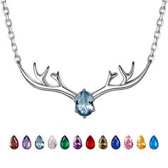 PRICES MAY VARY. 🦌 Cute Antler Pendant Necklace 🦌 : antler deer horn charm collar bone necklace, symbolize new begin, luck and power. 925 Silver Pendant : real 925 sterling silver made necklace (chain, pendant, clasp) ; lead free, nickel free, skin friendly and color lasting metal. 💎 Birthstone Choker Necklace 💎 : pear-cut simulated cubic zirconia birthstone inlaid on deer head, shiny and sparkling pretty necklace for women, teen girls. Created Gem Necklace Size : Antler 1.24" L * 0.51W, cha Deer Jewelry, Deer Necklace, Antler Pendant, Deer Horn, Bone Necklace, Collar Bone, Gemstone Necklaces, Gem Necklace, Deer Head