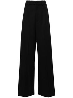 Business Wool Wide-leg Full-length Pants, Wide Leg Wool Pants With Pressed Crease, Wool Wide-leg Business Pants, Wool Wide Leg Pants With Pressed Crease, Black Wool Wide Leg Pants, Formal Wide Leg Pants With Belt Loops, Wide Leg Black Pants With Welt Pockets, Black Wool Wide-leg Bottoms, Black Wool Wide-leg Pants