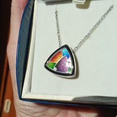 Beautiful Lady's White Gold Bright Polished Triangular Shaped Multi-Colored Inlaid Enamel Slide Pendant Designed By Magick, Measuring Approximately 19 Mm Point To Point, , On 14k White Gold Light Weight "Rope" Chain, Weighing 4.2 Dwt. See Measuring Tape Pics For Size. Elegant Inlay Necklaces For Gift, Formal Multicolor Sterling Silver Necklace, Chandler Earrings, Pearl Rope, Artisan Necklace, White Gold Necklace, Layered Necklaces Silver, Heart Locket Necklace, Casual Jewelry