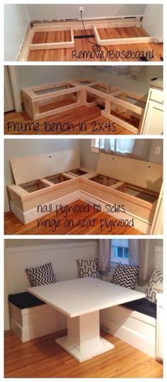 four pictures showing different stages of making a bench with storage drawers and benches on each side