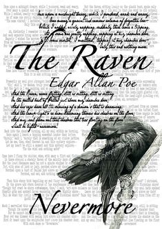 a black and white drawing of a raven sitting on top of a tree branch with words written