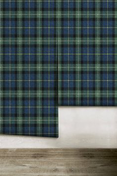 a green and blue plaid wallpaper in an empty room with wood flooring on the side