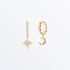 Celestial Style Huggie Hoop Earrings In Yellow Gold, Celestial Style Gold Plated Hoop Earrings, Celestial Star-shaped Hoop Earrings, Celestial Huggie Earrings With Star Charm Dangle, Celestial Dangle Huggie Earrings With Star Charm, Celestial Huggie Hoop Earrings, Celestial Yellow Gold Huggie Jewelry, Celestial Star-shaped Hoop Earrings With Moon Charm, Celestial Style Yellow Gold Huggie Jewelry