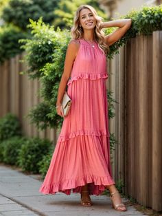 Elevate your maxi style with this ruffled maxi dress designed with pockets to maximize your comfort and style.Features: Tied, Tiered, High-Low, Ruffled, Smocked Sheer: Opaque Stretch: No stretch Body: Not lined Material composition: 100% polyester Care instructions: Machine wash cold. Tumble dry low. Pink Maxi Dress With Ruffled Straps For Vacation, Summer Floor-length Maxi Dress With Ruffle Hem, Beach Maxi Dress With Ruffle Hem, Casual Ruffled Floor-length Maxi Dress, Casual Floor-length Maxi Dress With Ruffles, Casual Floor-length Ruffled Maxi Dress, Tiered Sleeveless Ruffle Dress For Vacation, Sleeveless Ruffled Maxi Dress For Spring, Vacation Tiered Sleeveless Dress With Ruffles