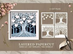 paper cut art templates with tree, hearts and flowers for laser cutting on wood