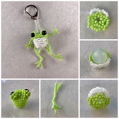 there are many pictures of different items made out of beads and beads, including a frog keychain