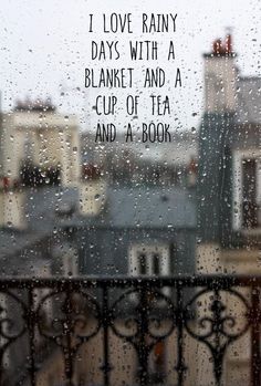 a rainy window with the words i love rainy days with a blanket and a cup of tea and a book