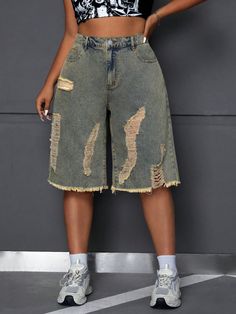 Plus Size Women's Loose Ripped Frayed Edge Five-Pocket Denim Shorts Blue    Denim Plain Wide Leg Non-Stretch  Women Plus Clothing, size features are:Bust: ,Length: ,Sleeve Length: Plus Size Denim Shorts, Shein Icon, Plus Size Denim, Shorts Denim, Short En Jean, Kids Beachwear, Maternity Bag, Plus Clothing, All Fashion