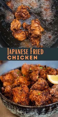 japanese fried chicken is being cooked in a skillet with lemon wedges on the side