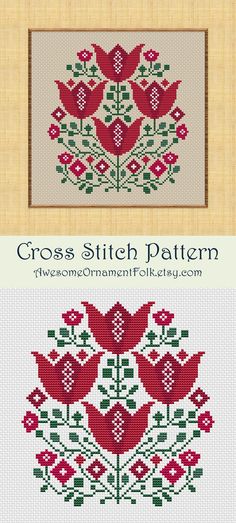 cross stitch pattern with red flowers in the middle and green leaves on the bottom side