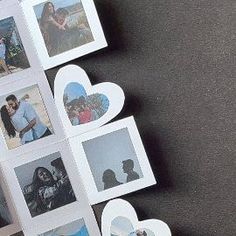 several pictures are arranged in the shape of hearts on a black surface with white paper