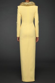 Description Yellow Column, Long dress Fitted, Long sleeves Plunging neckline Crepe, Embroidery Dry Clean Made in Lebanon SKU 600-3-35 Yellow Coat, Embellished Collar, Slinky Dress, Maxi Coat, Embroidered Collars, Dress Fitted, Pale Yellow, Blazer Dress, Couture Dresses