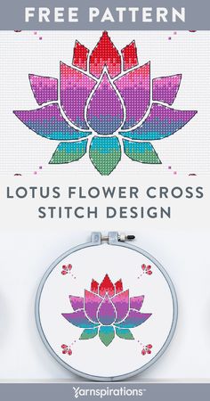 the lotus flower cross stitch pattern is displayed in front of a white background with text that reads, free pattern lotus flower cross stitch design