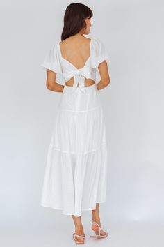 Shop the Royce Bow Back Midi Dress White | Selfie Leslie White Mules, Midi Dress White, Selfie Leslie, Farmers Markets, White Midi, Bow Back, Iron Material, White Midi Dress, Drop Waist