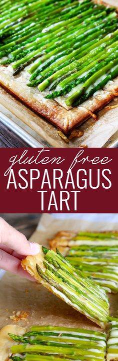 asparagus tart on a cutting board with the title in red above it