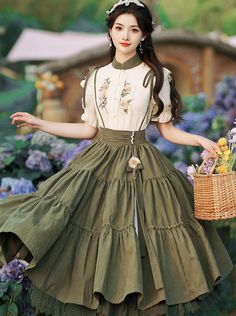 ❤︎dark green sus skirt + flower blouse❤︎ Floral Fairy Dress, Mode Kawaii, Floral Fairy, Cottagecore Outfits, Flower Blouse, Hanfu Dress, Dress Cottagecore, Customized Products, Cottagecore Dress