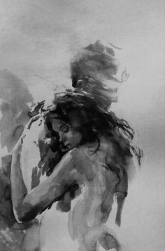 a black and white painting of a woman with her hair blowing in the wind,