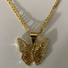 This Beautiful 18k Gold Plated Large Butterfly Pendant Come With A 60inch Gold Plated Chain Anti Tarnish Gold Butterfly Chain Jewelry, 14kt Gold Jewelry, Big Stone Ring, Butterfly Necklace Gold, Gold Flower Ring, Solid Gold Bracelet, Gold Chain With Pendant, Jewelry Accessories Ideas, Jewelry Lookbook