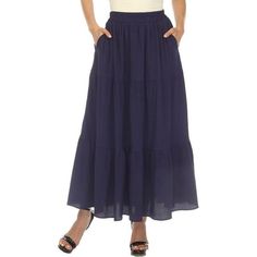 Manufacturer: White Mark Style Type: Maxi Skirt Collection: White Mark Sleeve Length: Material: 95% Polyester/5% Spandex Fabric Type: Textured Specialty: Tiered Sku: BH5767443 Size: M.  Color: Blue.  Gender: female.  Age Group: adult. Stretch Blue Tiered Skirt, Navy Cotton Summer Skirt, Navy Long Skirt For Spring, Navy Cotton Lined Skirt Bottoms, Blue Stretch Gathered Skirt, Blue Tiered Maxi Skirt With Pockets, Summer Navy Flared Skirt, Blue Full Skirt Bottoms For Beach, Navy Flared Skirt For Summer