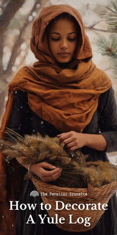 a woman in a brown shawl and black dress is holding a basket full of wheat