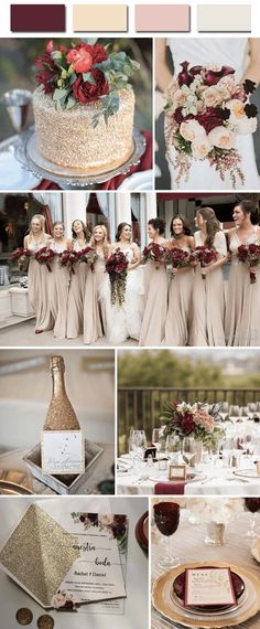 a collage of photos with different wedding colors and details, including the bridesmaid's cake