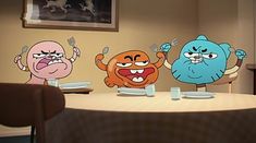 three cartoon characters sitting at a table with plates and cups in front of their faces