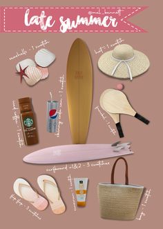 a pink poster with various items that include a surfboard, sunhat, and other things