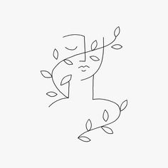 a line drawing of a woman's face with leaves on her head and eyes closed