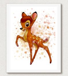 a painting of a baby deer with brown spots on it's face and legs