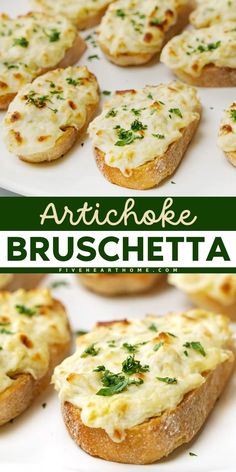 Look forward to this artichoke bruschetta recipe! Whether spread on baguette slices or served as a creamy, cheesy artichoke dip, it's an easy New Year appetizer or Super Bowl party food idea everyone will enjoy. Put this on your game day menu! Best Bruschetta Recipe, Baguette Appetizer, Bruchetta Appetizers, Artichoke Bruschetta, Hot Artichoke Dip, Bruschetta Appetizer, Baguette Slices, Baguette Recipe, Fancy Appetizers