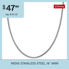 Sleek and shiny stainless steel lends a luxe look to this always stylish men's box chain.Metal: Stainless steelClosure: Lobster claspDimensions: 18" long, 4mm wide box chainJewelry photos are enlarged to show detail. Cheap Metal Chain Necklace For Men, Gunmetal Stainless Steel Box Chain Necklace, Mens Silver Chain Necklace Thick, Male Silver Chain Necklace, Mens Silver Box Chain Necklace, Chain Necklaces, Box Chain, Stylish Men, Chains Necklace