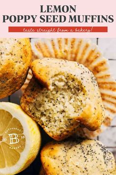 lemon poppy seed muffins are stacked on top of each other with the title above it