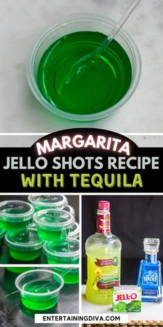 margarita jello shots recipe with tequila and lime juice in the middle, on a table